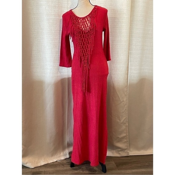 ZARA Women's Red Crochet Knotted Bib Maxi Dress 3/4 Sleeve Sz S - Picture 2 of 10